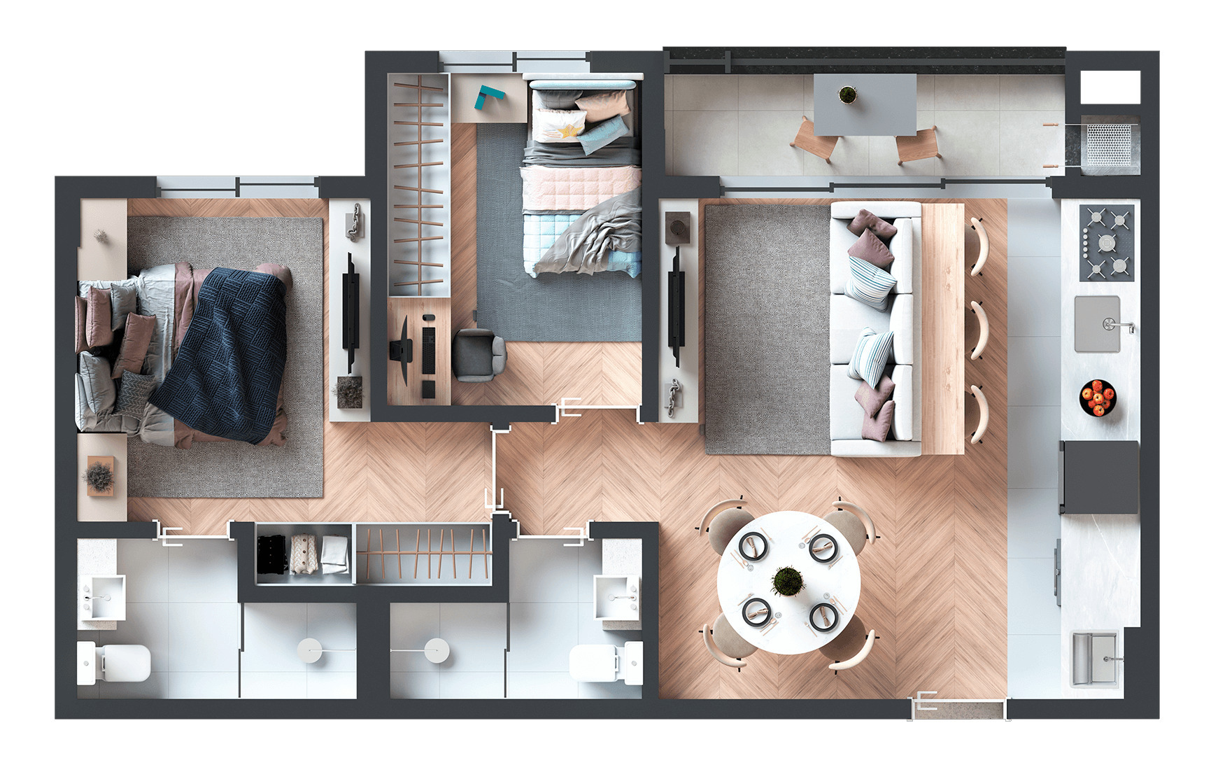 Planta 02 - 2 dorm 56 01m²