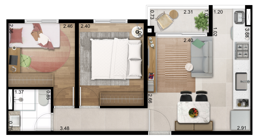 Planta 01 - 2 dorm 40m²