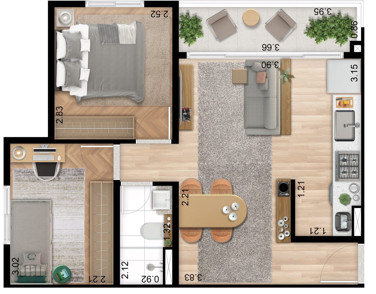 Planta 02 - 2 dorm 44m²