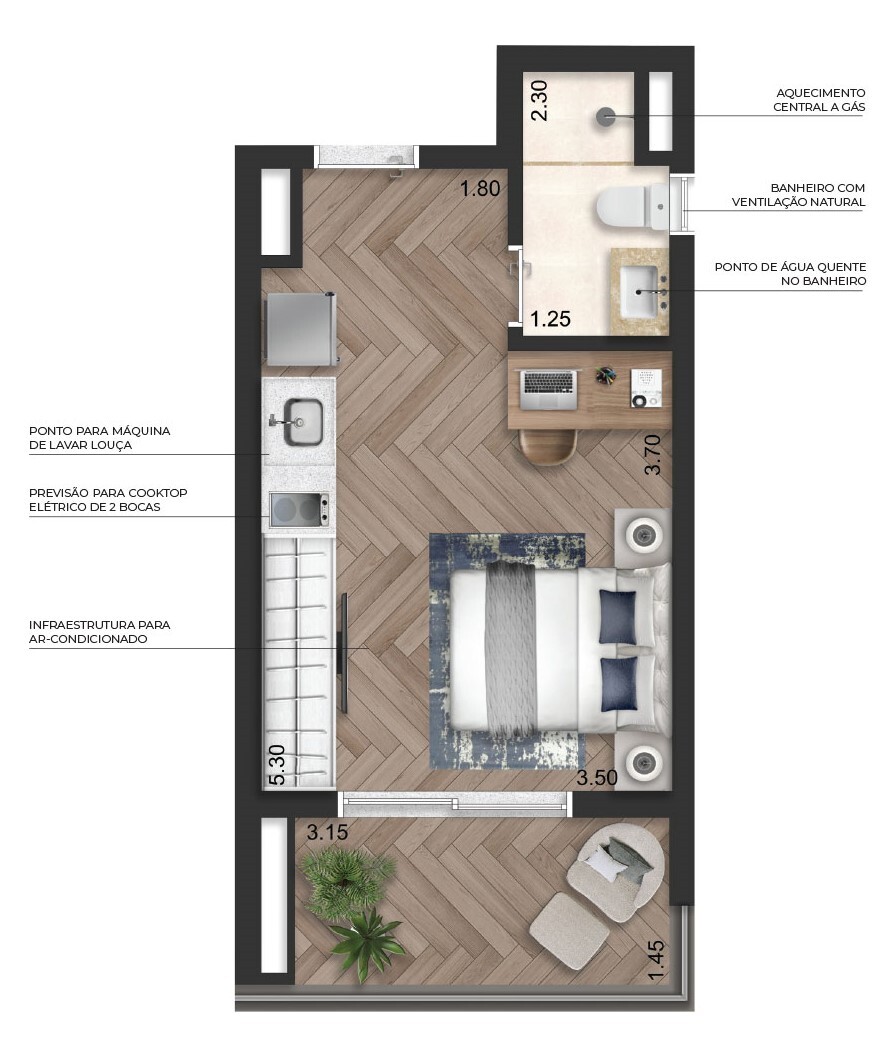 Planta 02 - 1 dorm 29m² - studio