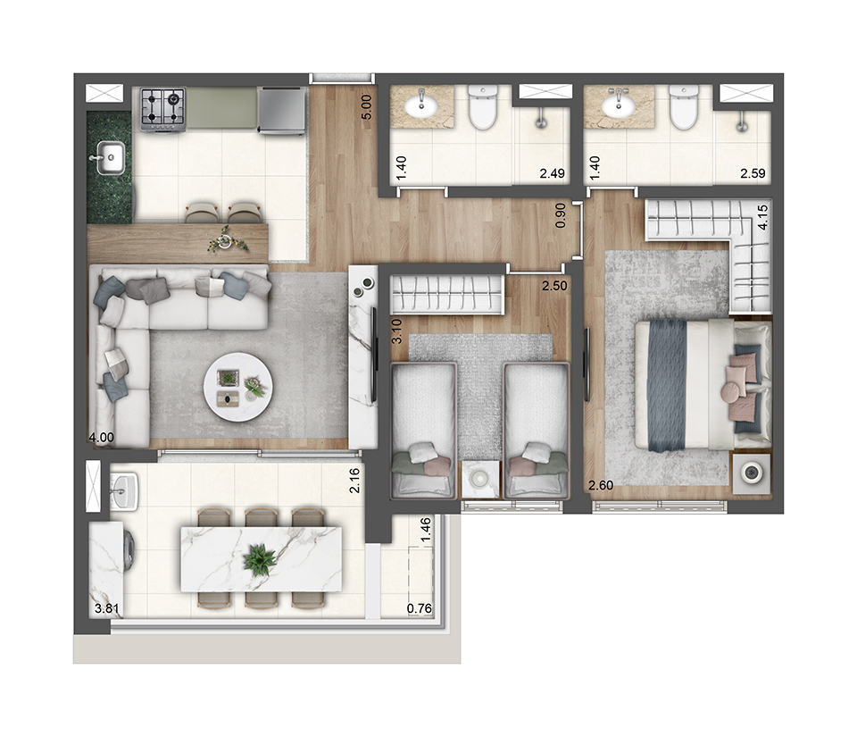 Planta 01 - 2 dorm 65 33m²