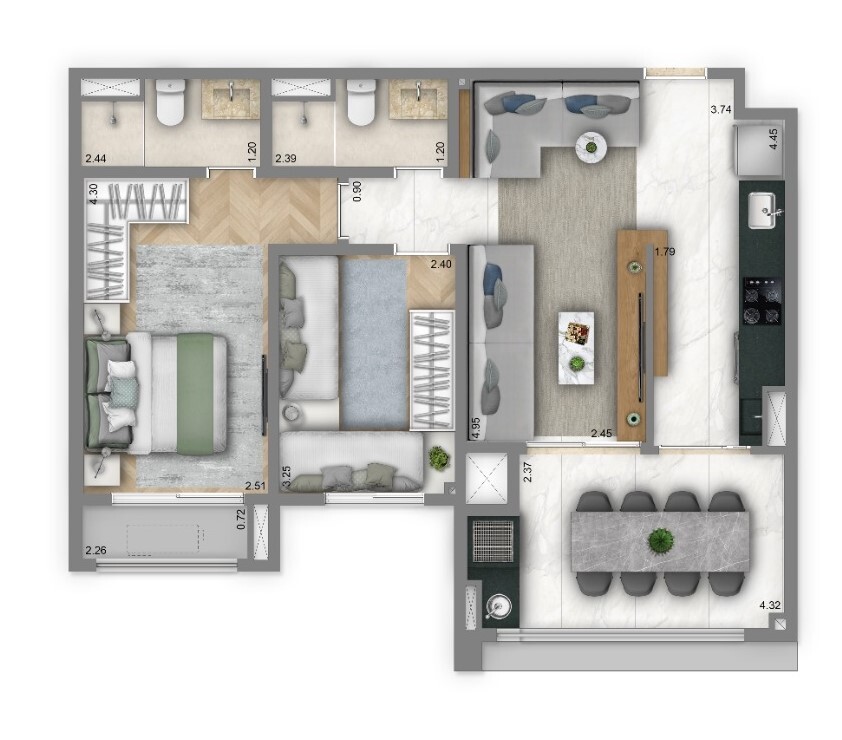 Planta 01 - 2 dorm 67m²