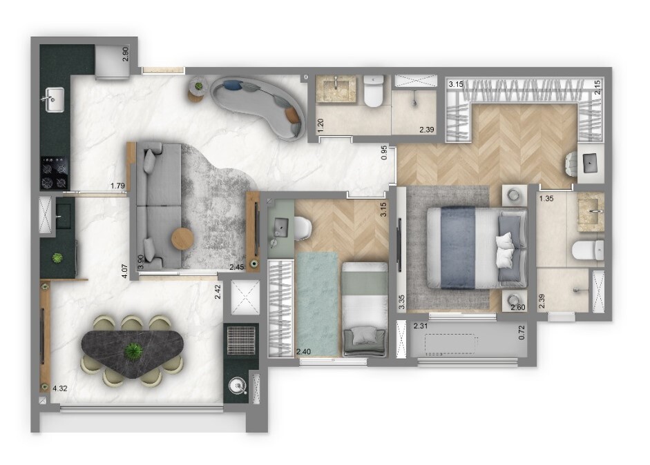 Planta 02 - 2 dorm 69m²