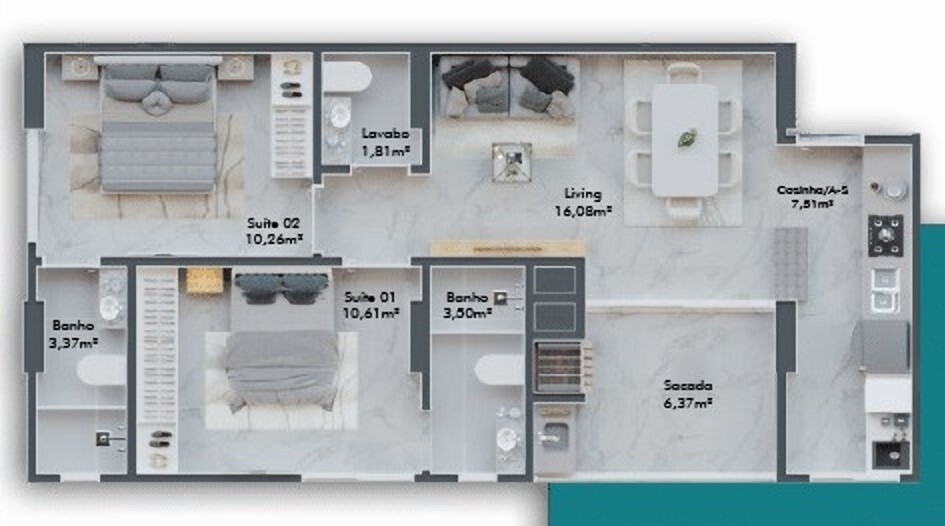 Planta 01 - 2 dorm 68 92m²