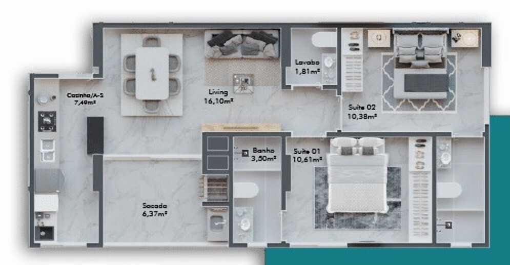 Planta 02 - 2 dorm 68 92m²