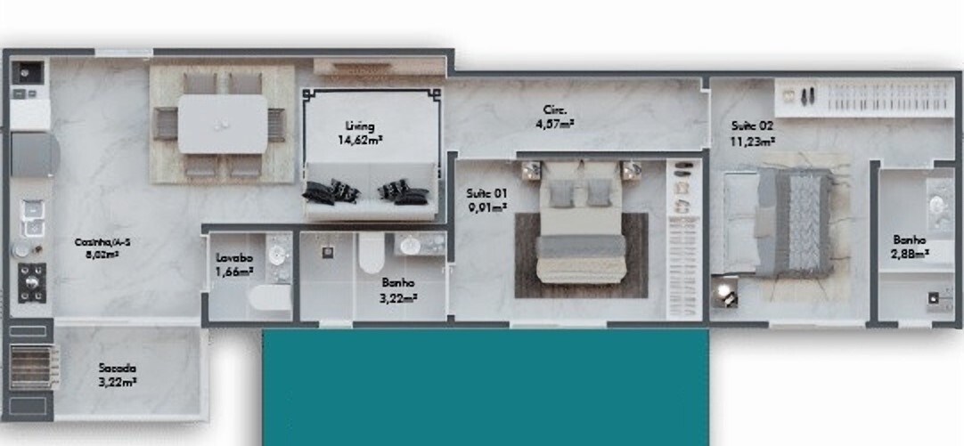 Planta 03 - 2 dorm 69 38m²