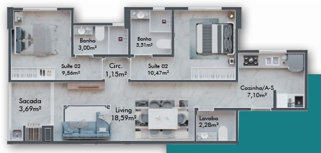 Planta 04 - 2 dorm 69 66m²