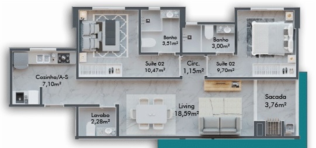Planta 05 - 2 dorm 69 66m²