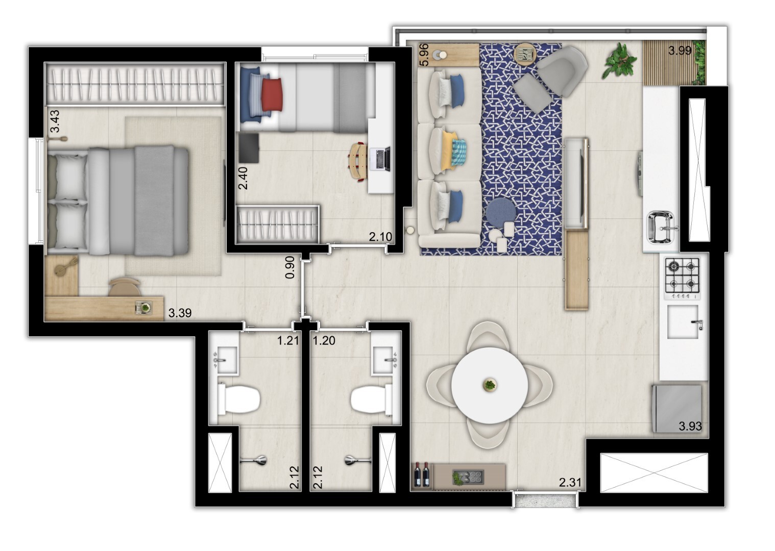 Planta 04 - 2 dorm 49m²
