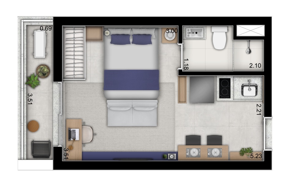 Planta 01 - 1 dorm 24 36m² - studio