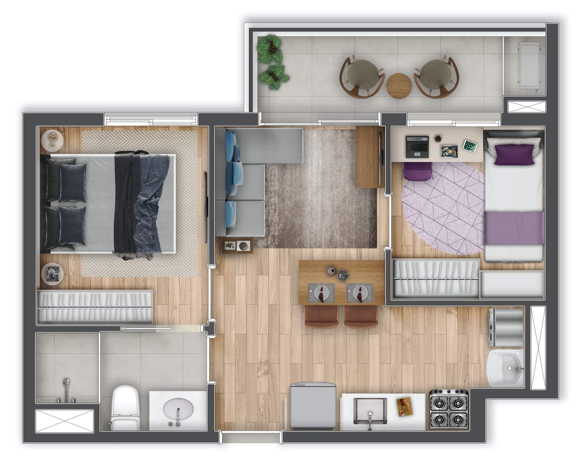 Planta 02 - 2 dorm 39 80m²
