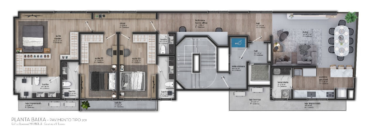 Planta 01 - 3 dorm 143 81m²
