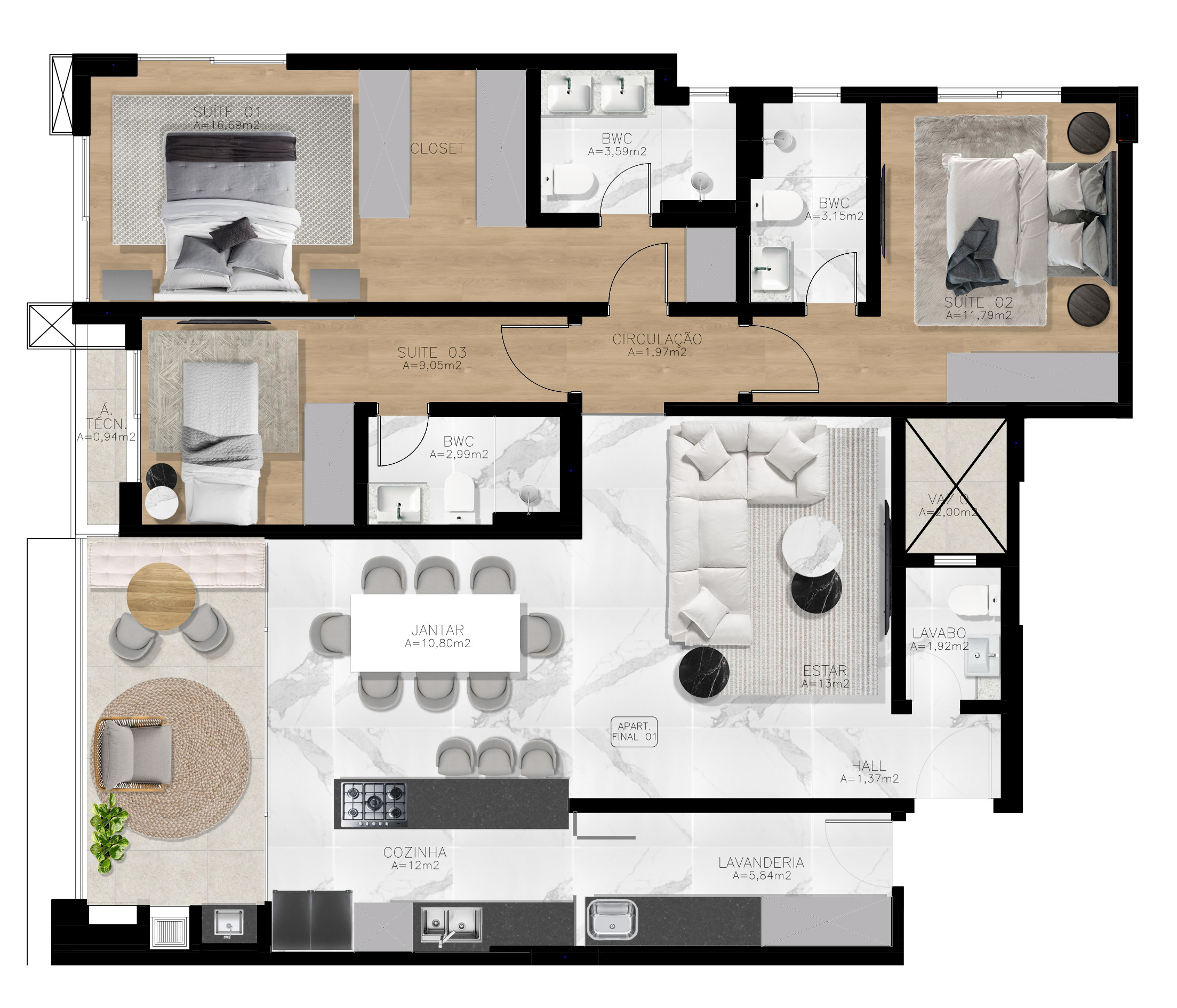 Planta 01 - 3 dorm 120 35m²