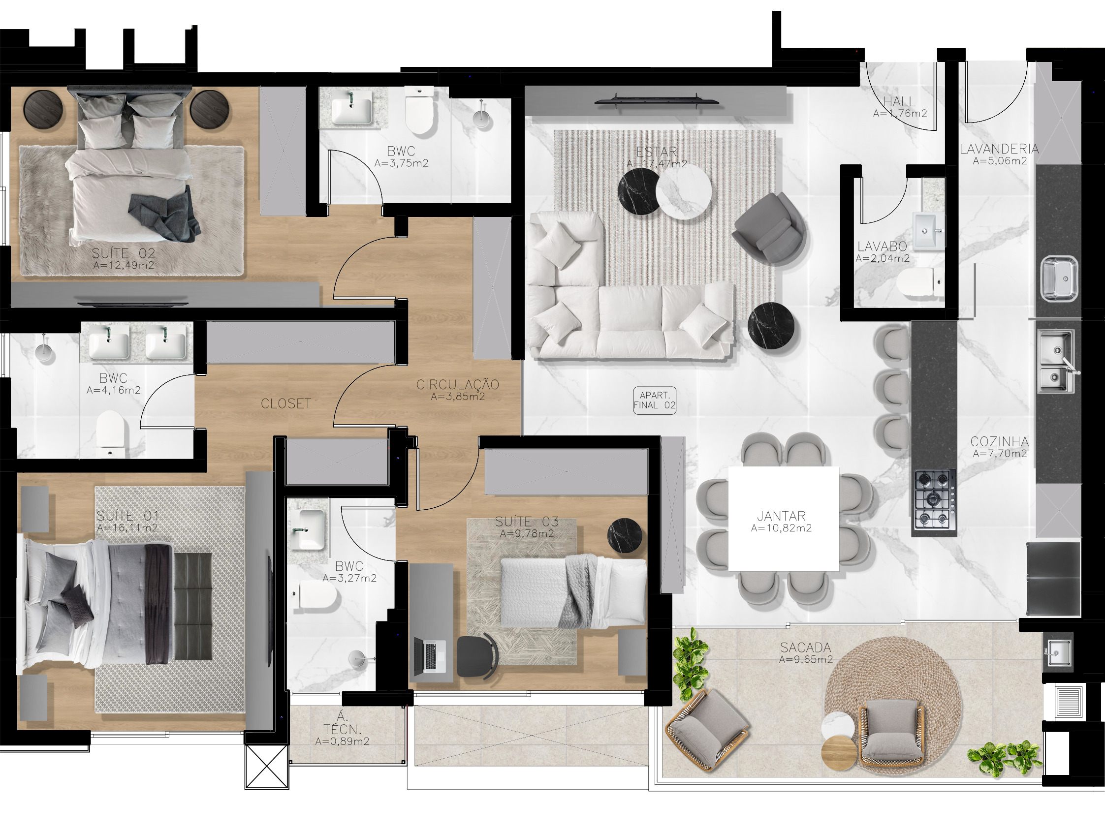 Planta 02 - 3 dorm 124 12m²