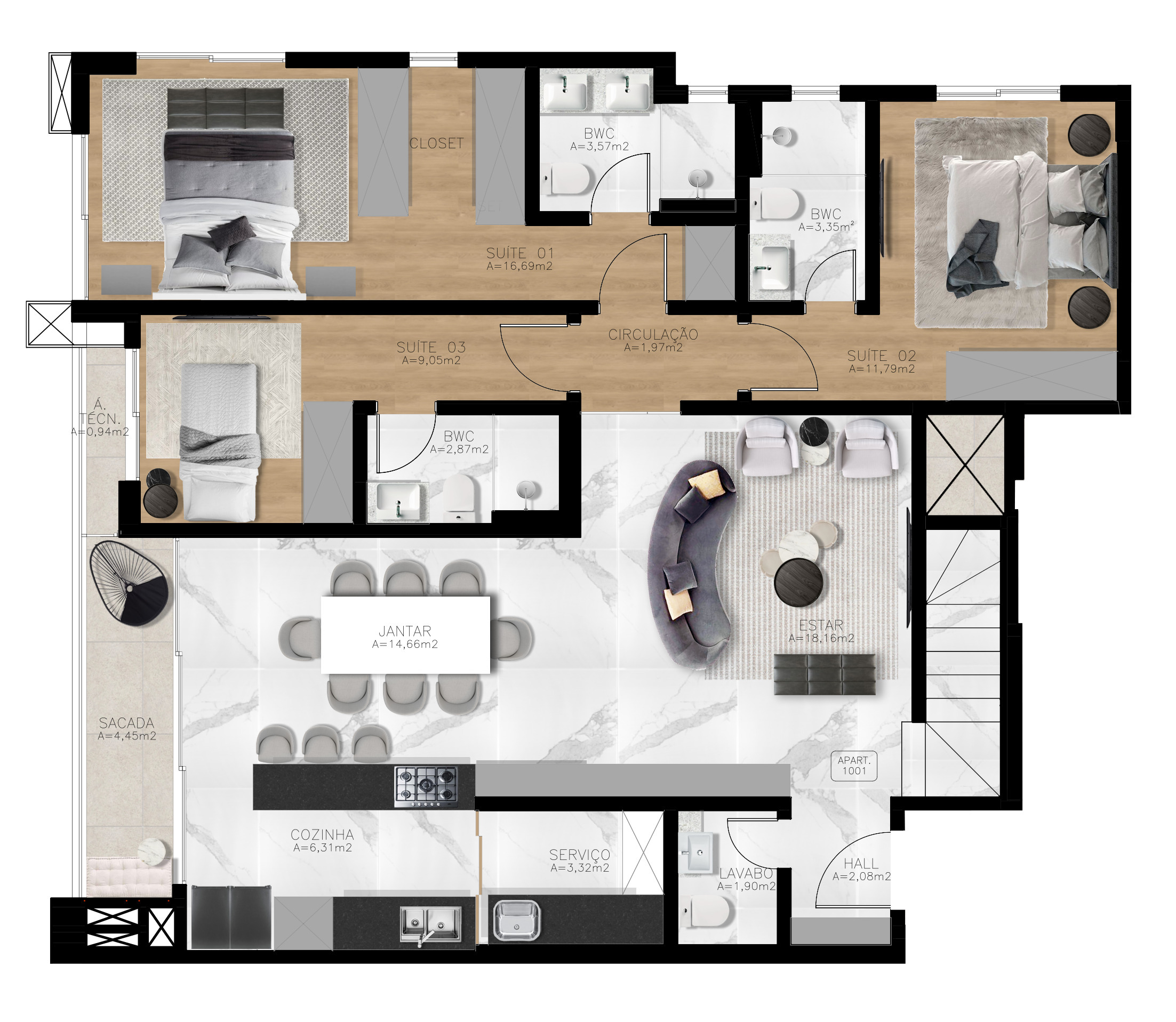 Planta 03 - 3 dorm 249 54m² - cobertura duplex - inferior