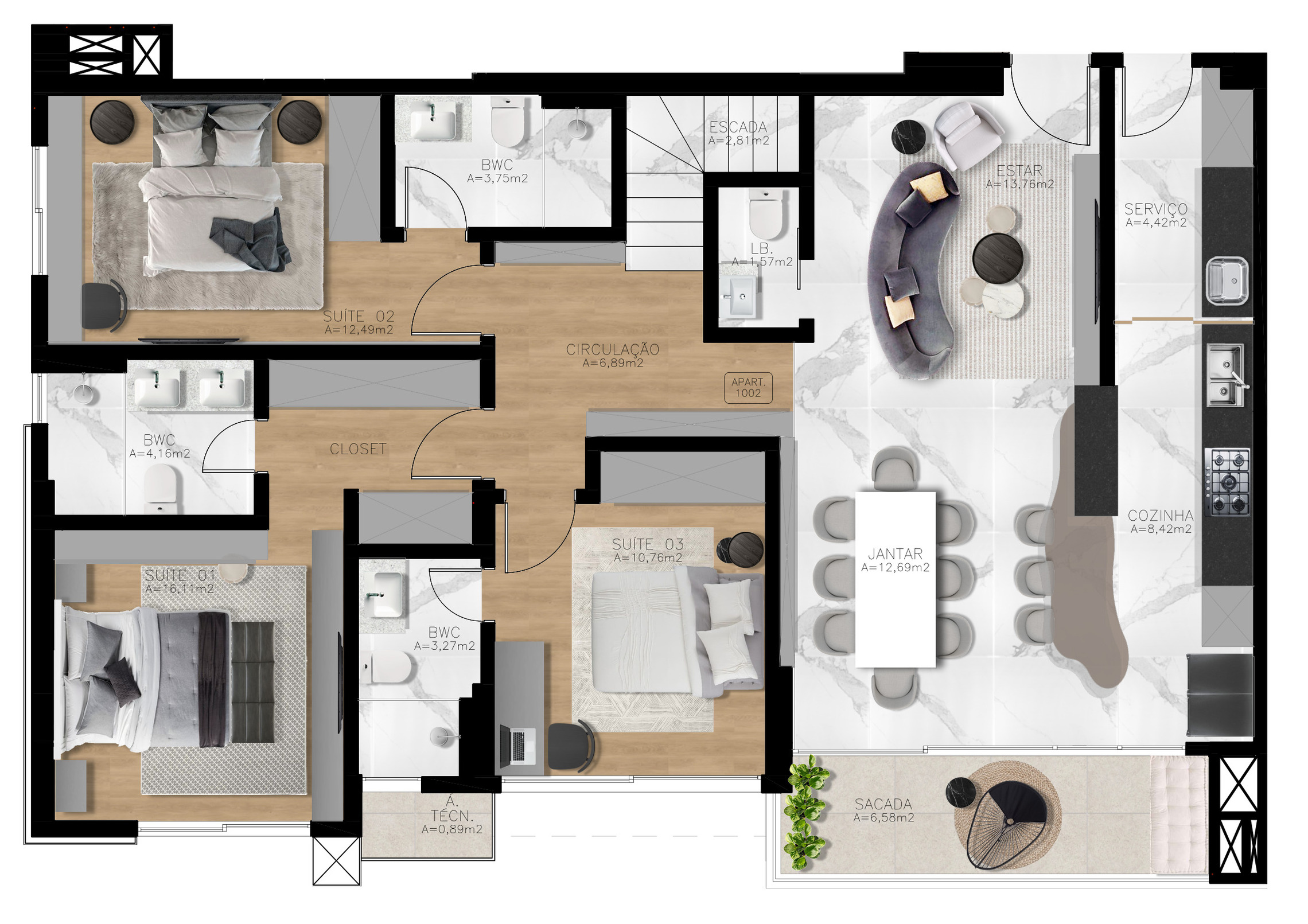 Planta 05 - 3 dorm 249 69m² - cobertura duplex - inferior