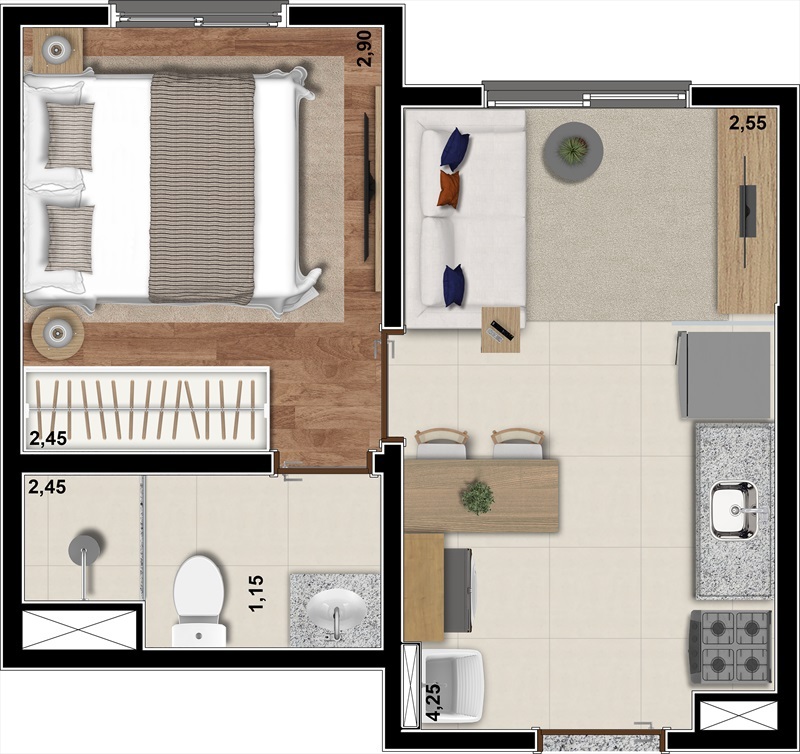 Planta 02 - 1 dorm 24 28m²