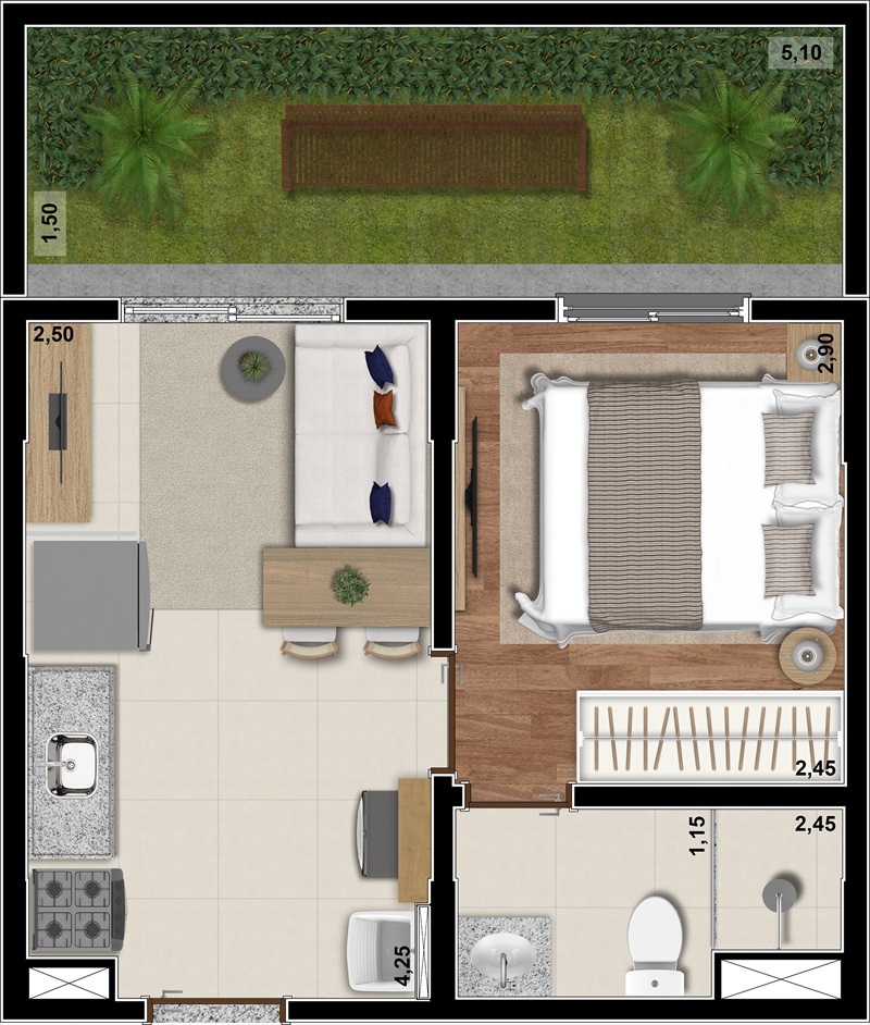 Planta 04 - 1 dorm 33 02m² - garden