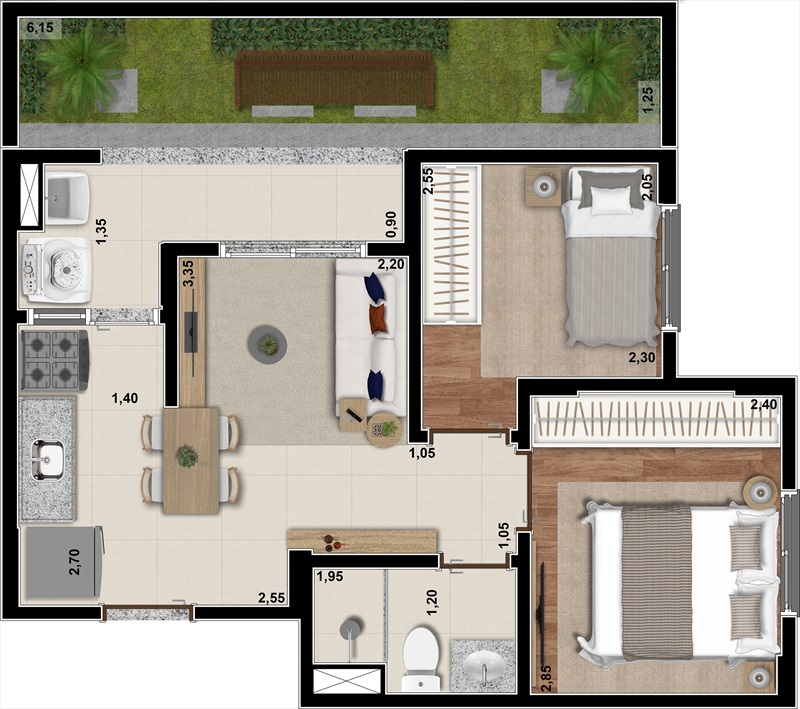 Planta 08 - 2 dorm 46 53m² - garden
