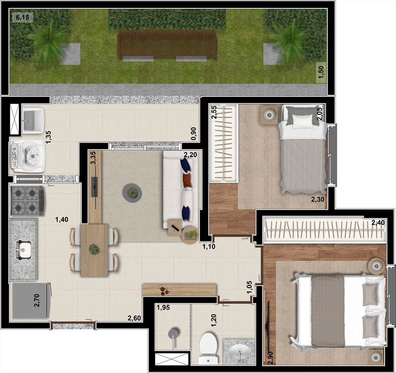 Planta 09 - 2 dorm 46 58m² - garden