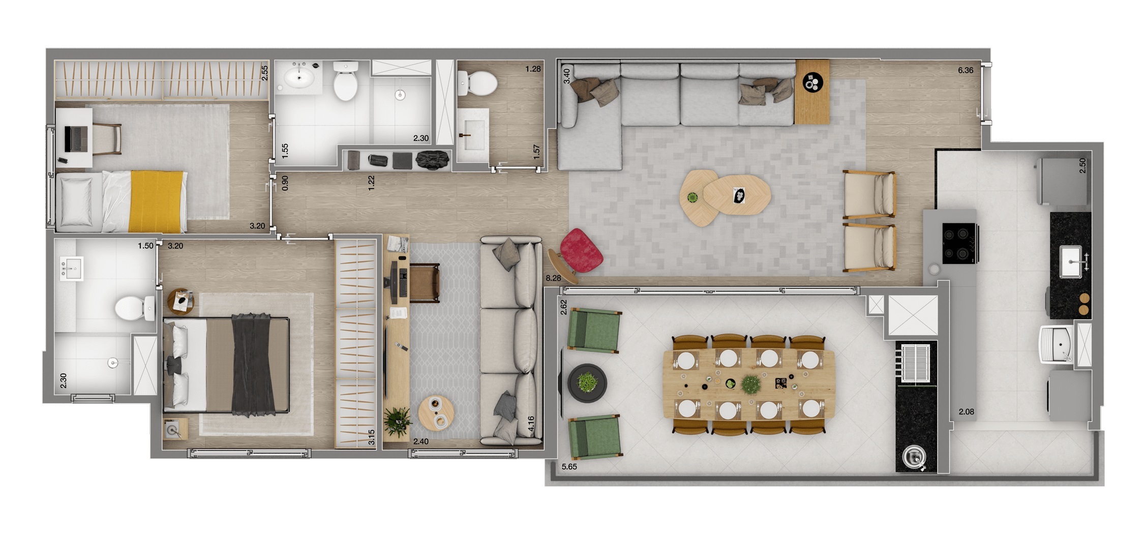 Planta 02 - 2 dorm 94m² - opção 1