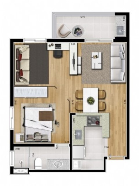 Planta 02 - 1 dorm 50m²