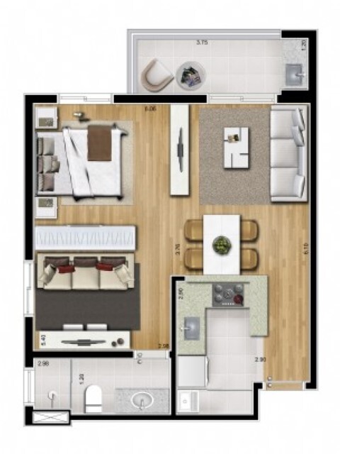 Planta 03 - 1 dorm 50m² - loft