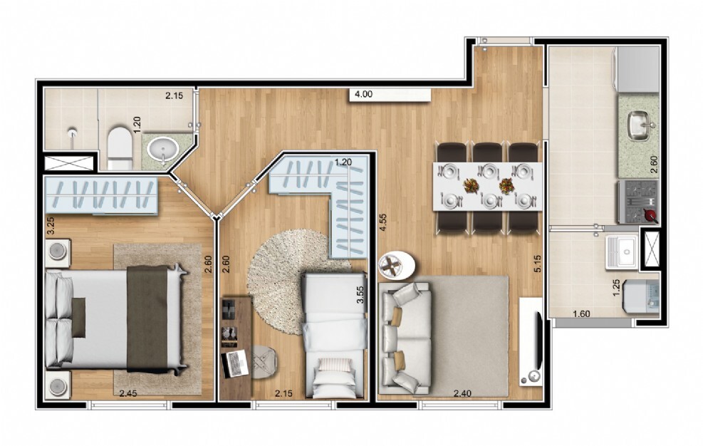 Planta 01 - 2 dorm 43m²