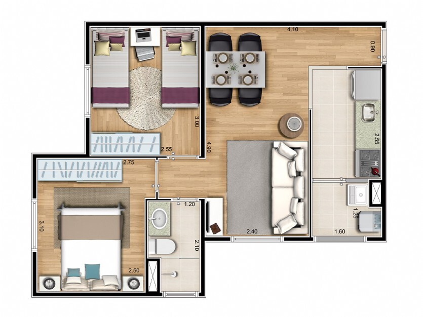 Planta 02 - 2 dorm 44m²