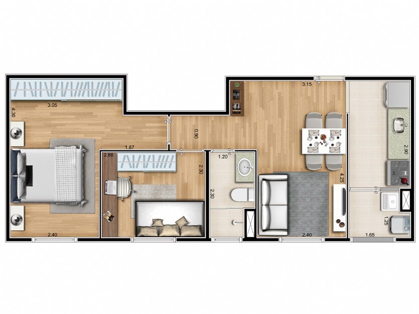 Planta 03 - 2 dorm 48 m²