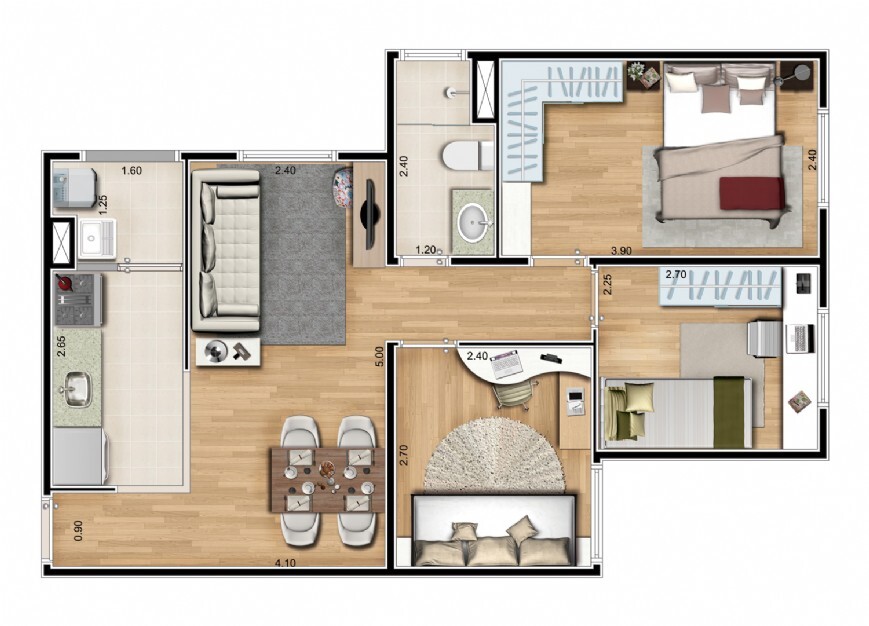 Planta 04 - 3 dorm 53m²