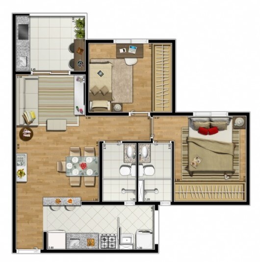 Planta 02 - 2 dorm 56m²