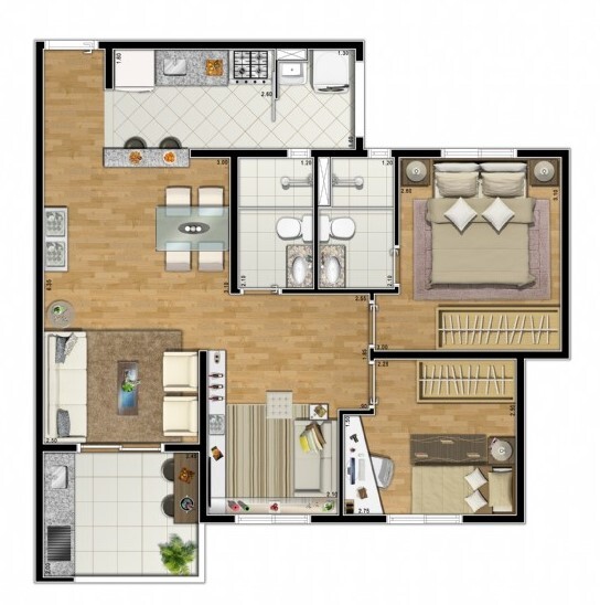 Planta 03 - 3 dorm 61m²