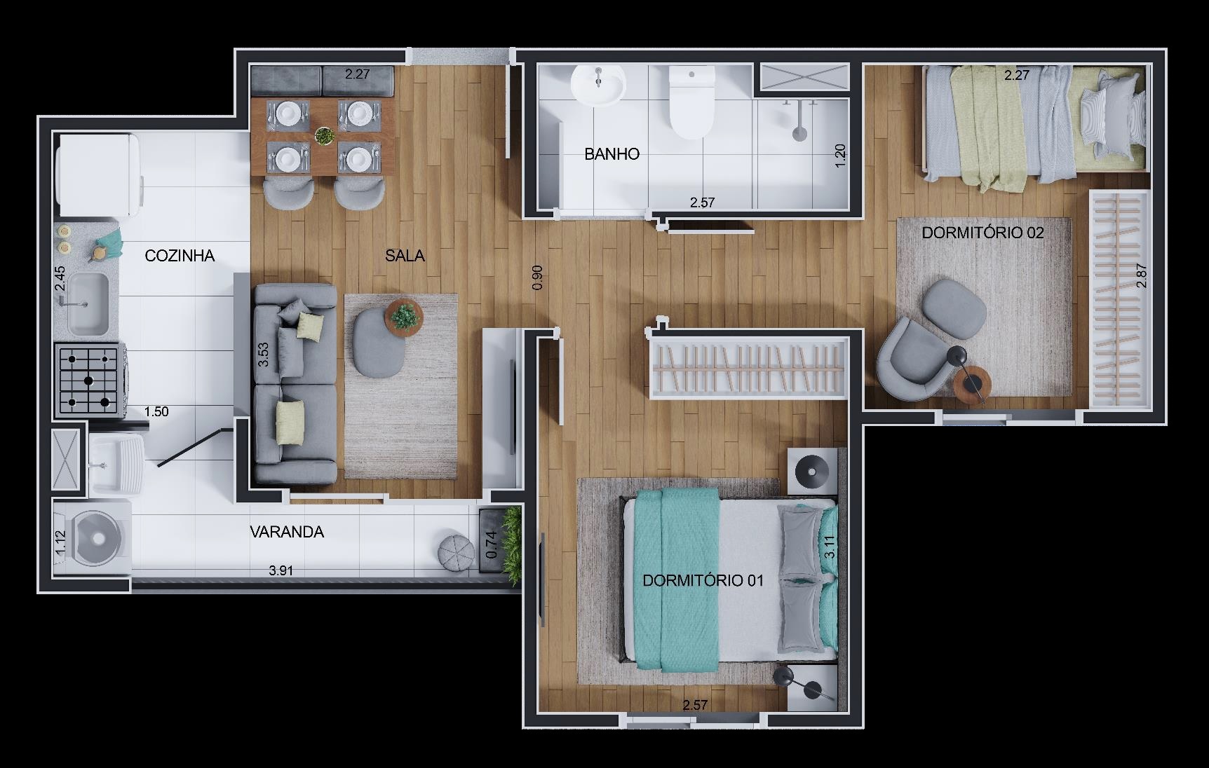 Planta 03 - 2 dorm 40 36m²