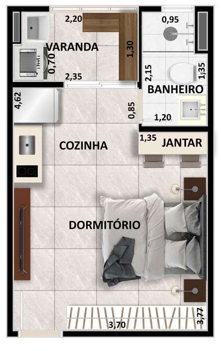 Planta 02 - 1 dorm 24 24m² - studio