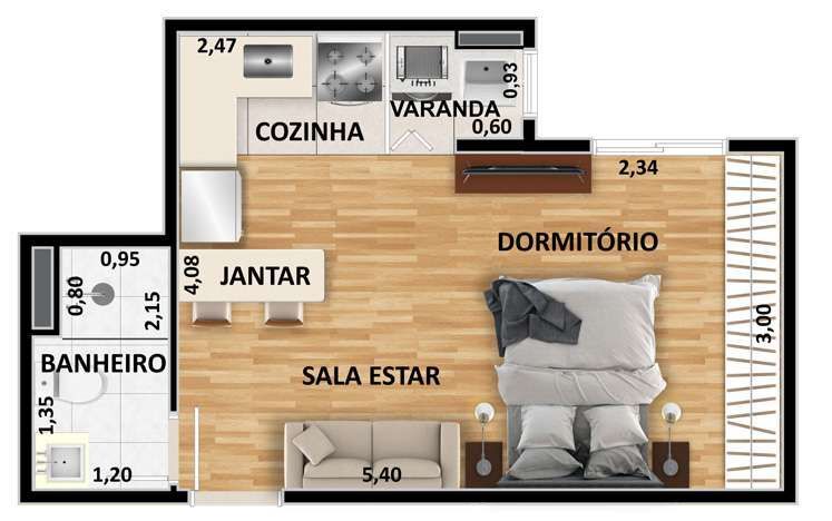 Planta 03 - 1 dorm 24 33m² - studio