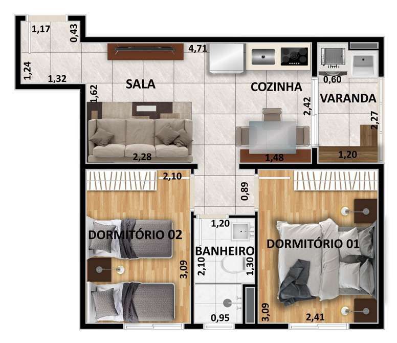 Planta 07 - 2 dorm 38 26m²