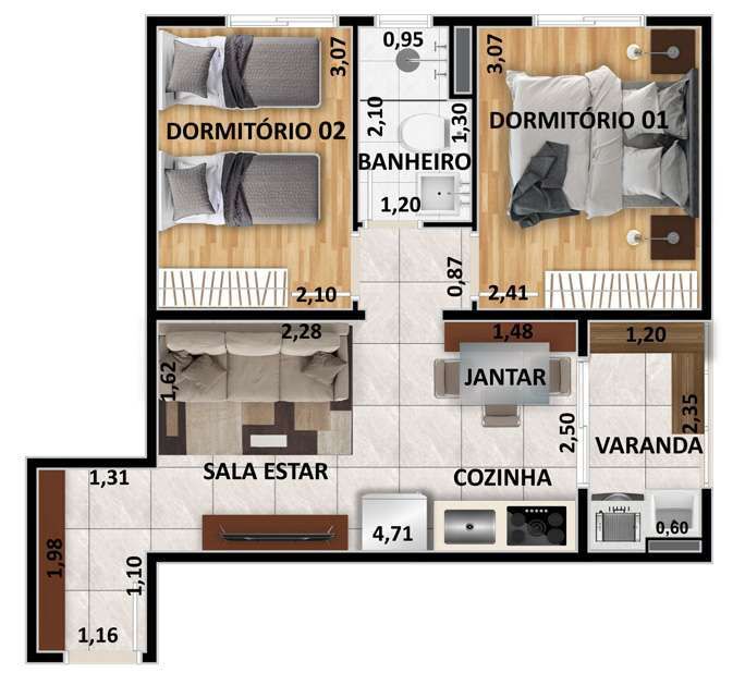 Planta 08 - 2 dorm 39 23m²