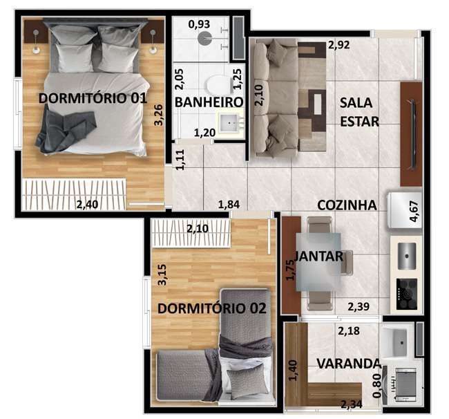 Planta 09 - 2 dorm 39 23m²