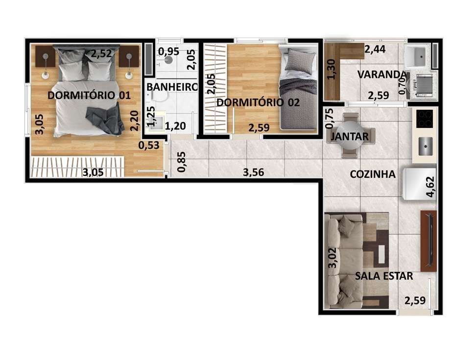 Planta 10 - 2 dorm 39 61m²