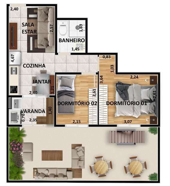 Planta 15 - 2 dorm 61 87m² - garden
