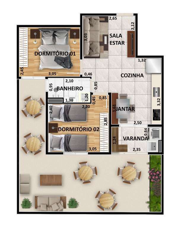 Planta 16 - 2 dorm 69 74m² - garden