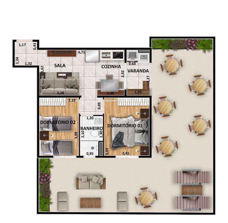 Planta 17 - 2 dorm 87 68m² - garden