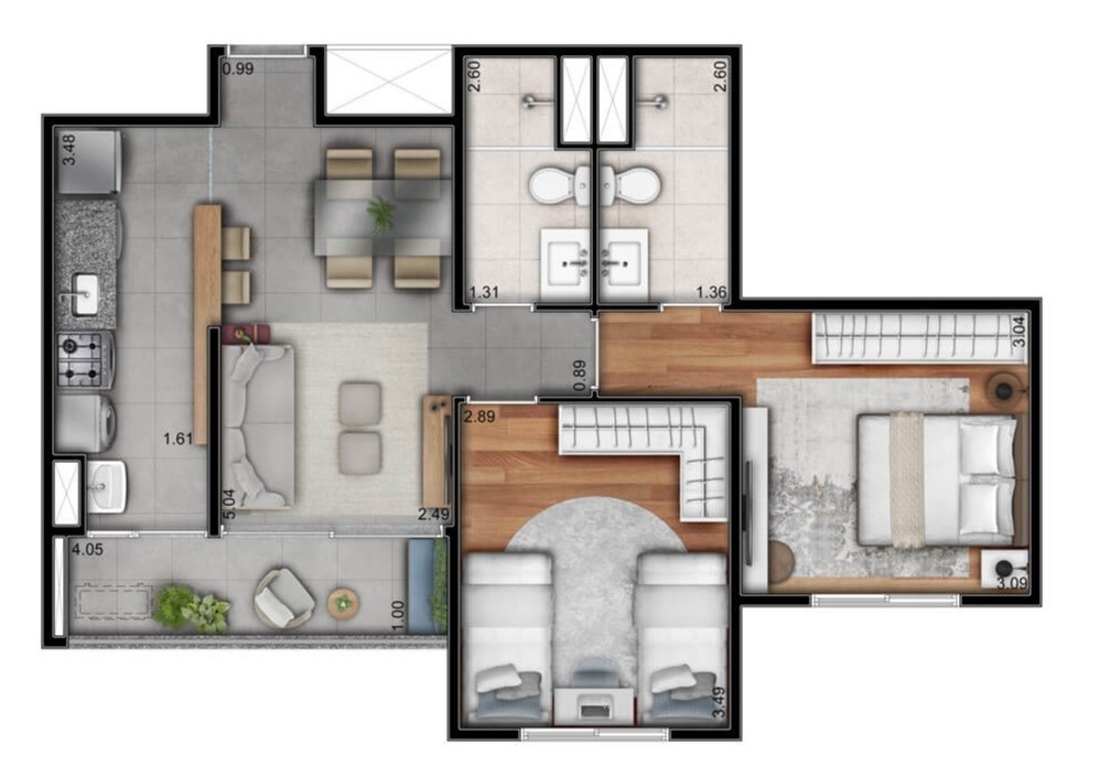 Planta 01 - 2 dorm 61 80m²