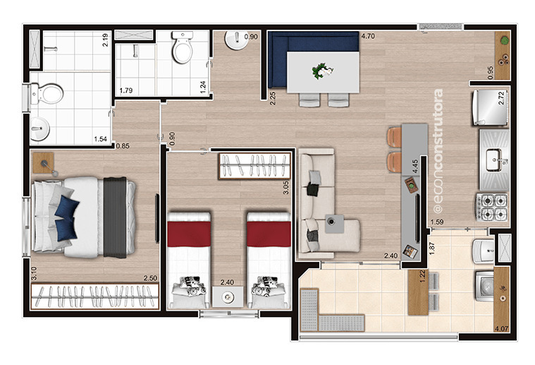 Planta 03 - 2 dorm 55 33m²