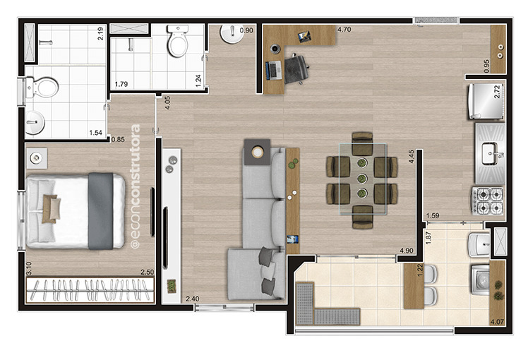 Planta 04 - 1 dorm 55 33m² - opção