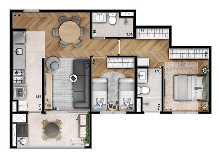 Planta 01 - 2 dorm 67 77m²