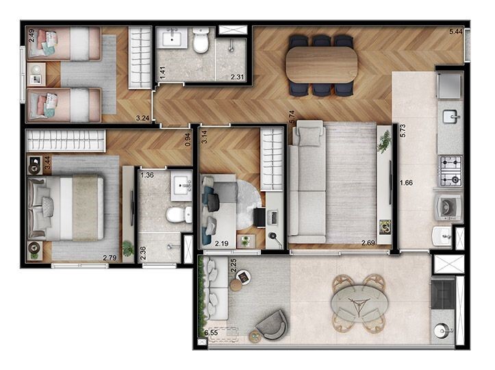 Planta 02 - 3 dorm 86 87m²
