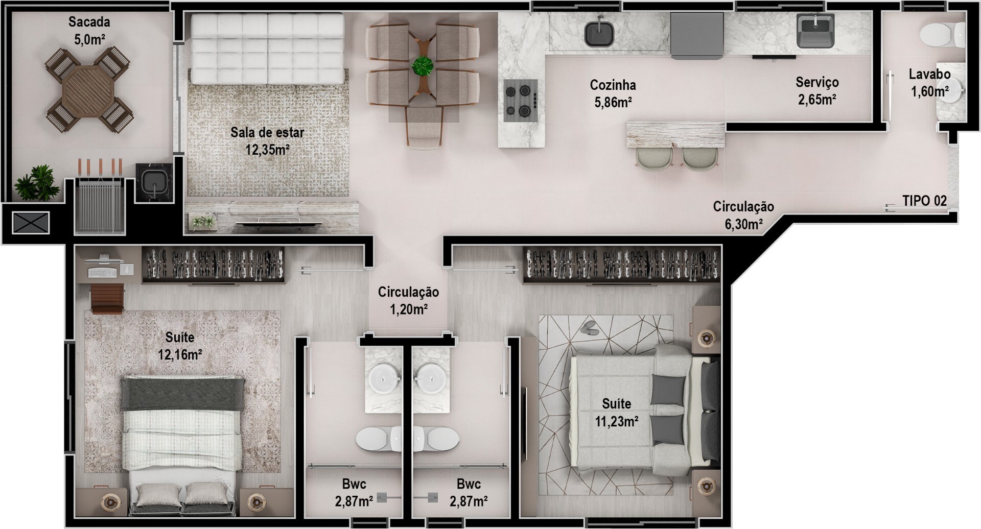 Planta 01 - 2 dorm 74 25m²