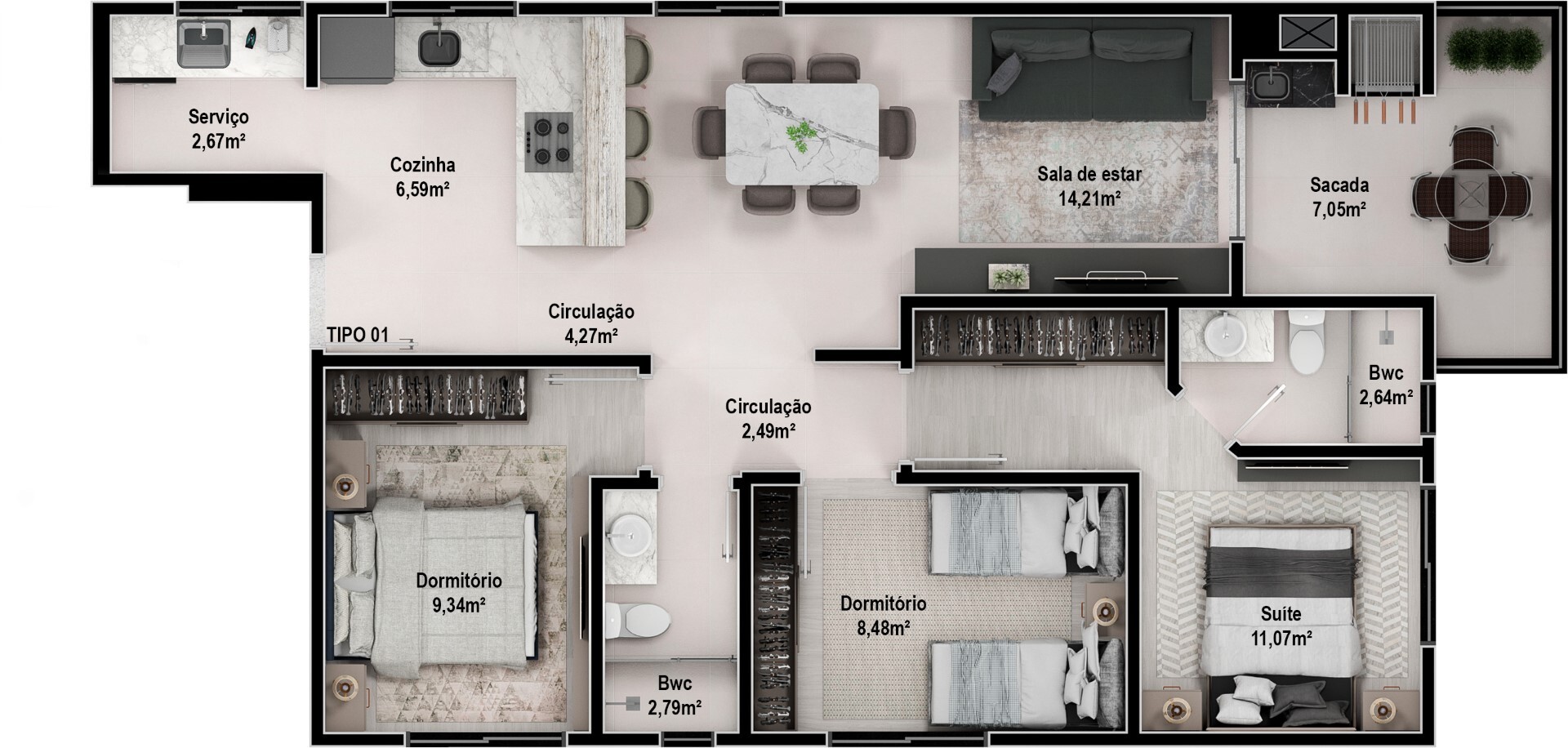 Planta 02 - 3 dorm 81 59m²